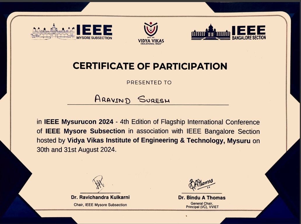 Presented my research at an IEEE conference, contributing to the academic discourse in my field. The paper is currently under publication review. Proud to share my certificate of participation as part of this journey.